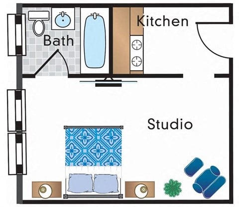 Floor plan for studio, 1 bath, 292 sqft